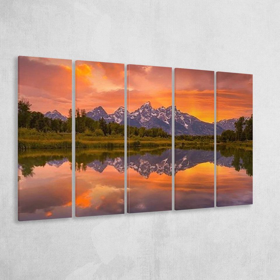 Schwabacher Sunset,Lake Mirroring Resize, Extra Large Multi 5 Panel Canvas Print Wall Art Decor
