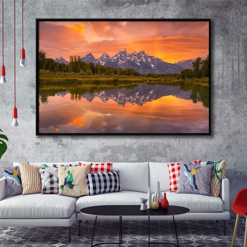Schwabacher Sunset,Lake Mirroring Resize, Framed Canvas Print Wall Art Decor,Floating Frame