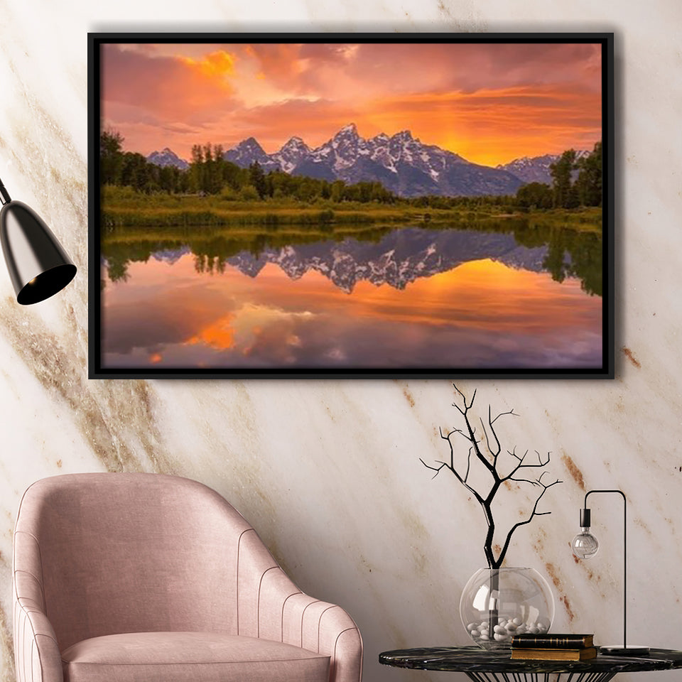 Schwabacher Sunset,Lake Mirroring Resize, Framed Canvas Print Wall Art Decor,Floating Frame
