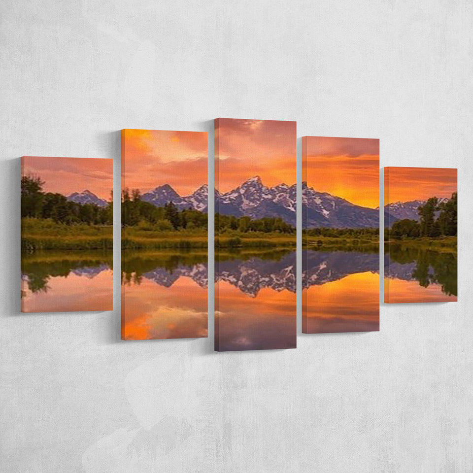 Schwabacher Sunset,Lake Mirroring Resize, Multi Panel Canvas Print Wall Art Decor, 5 Mixed Panel
