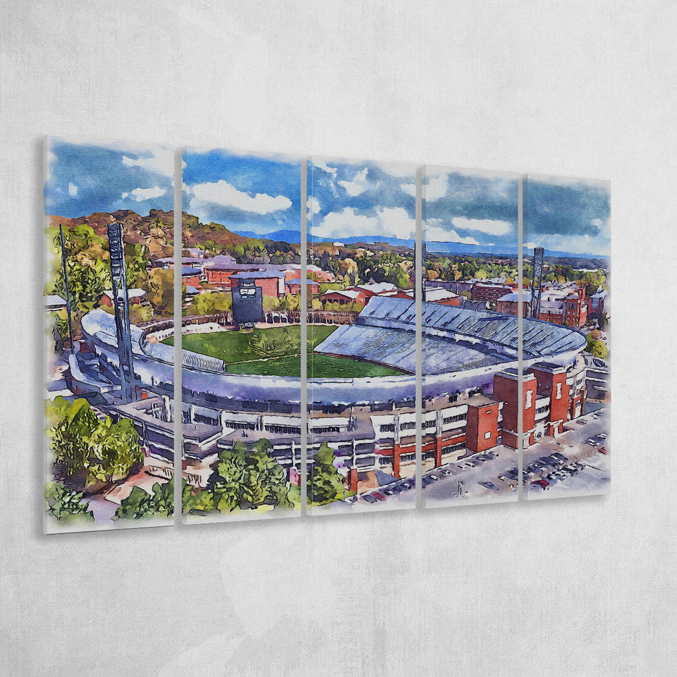 Scott Stadium WaterColor 5 Panels B Mixed Canvas Prints, Extra Large, Albemarle County Virginia Watercolor