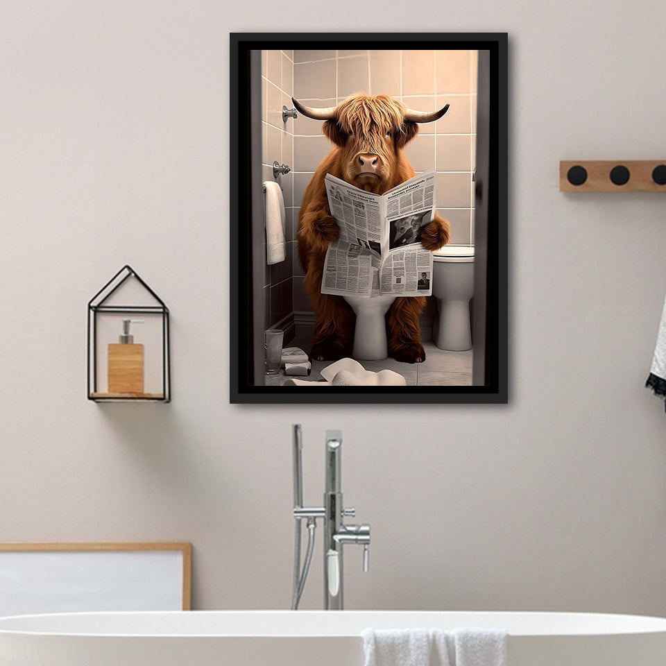 Scottish Highland Cow In Bathroom Decor Framed Canvas Prints Wall Art, Bathroom Humor, Funny Bathroom Print