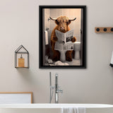 Scottish Highland Cow In Bathroom Decor Framed Canvas Prints Wall Art, Bathroom Humor, Funny Bathroom Print