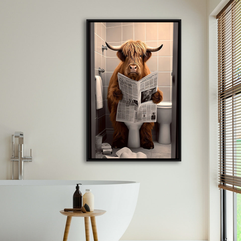 Scottish Highland Cow In Bathroom Decor Framed Canvas Prints Wall Art, Bathroom Humor, Funny Bathroom Print