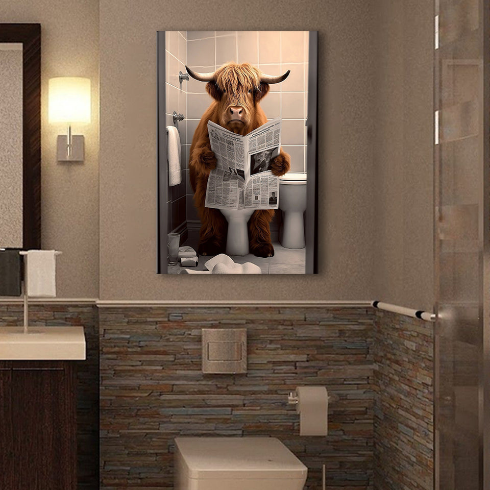 Scottish Highland Cow in Bathroom Decor Canvas Prints Wall Art, Bathroom Humor, Funny Bathroom Print