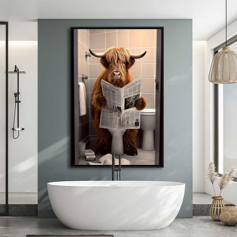 Scottish Highland Cow In Bathroom Decor Framed Canvas Prints Wall Art, Bathroom Humor, Funny Bathroom Print