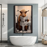 Scottish Highland Cow In Bathroom Decor Framed Canvas Prints Wall Art, Bathroom Humor, Funny Bathroom Print