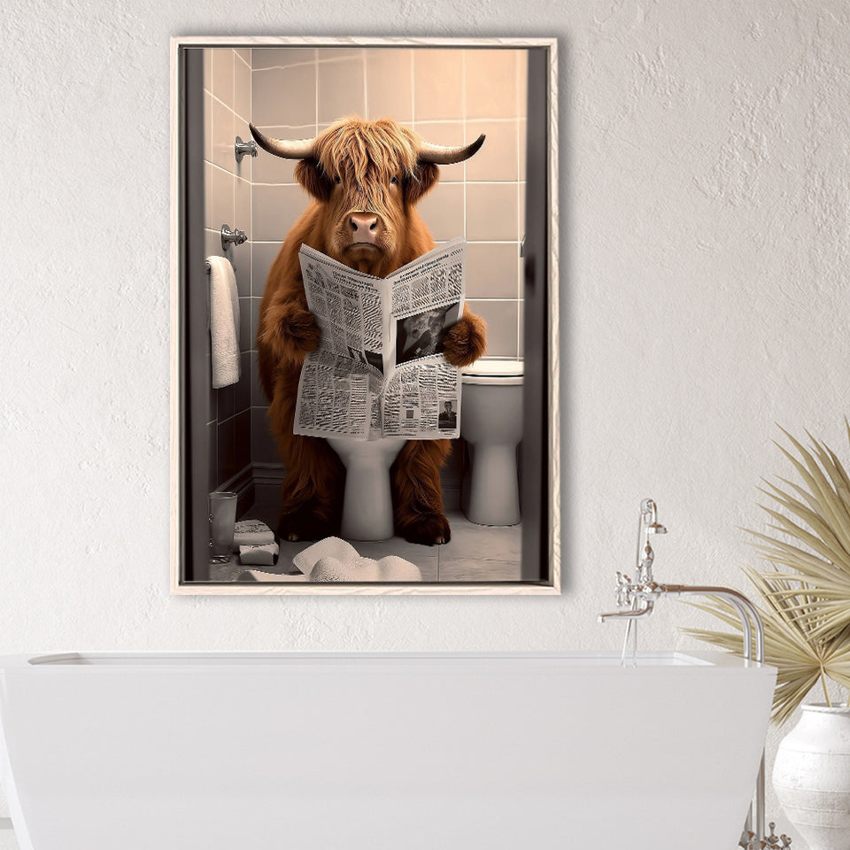 Scottish Highland Cow In Bathroom Decor Framed Canvas Prints Wall Art, Bathroom Humor, Funny Bathroom Print