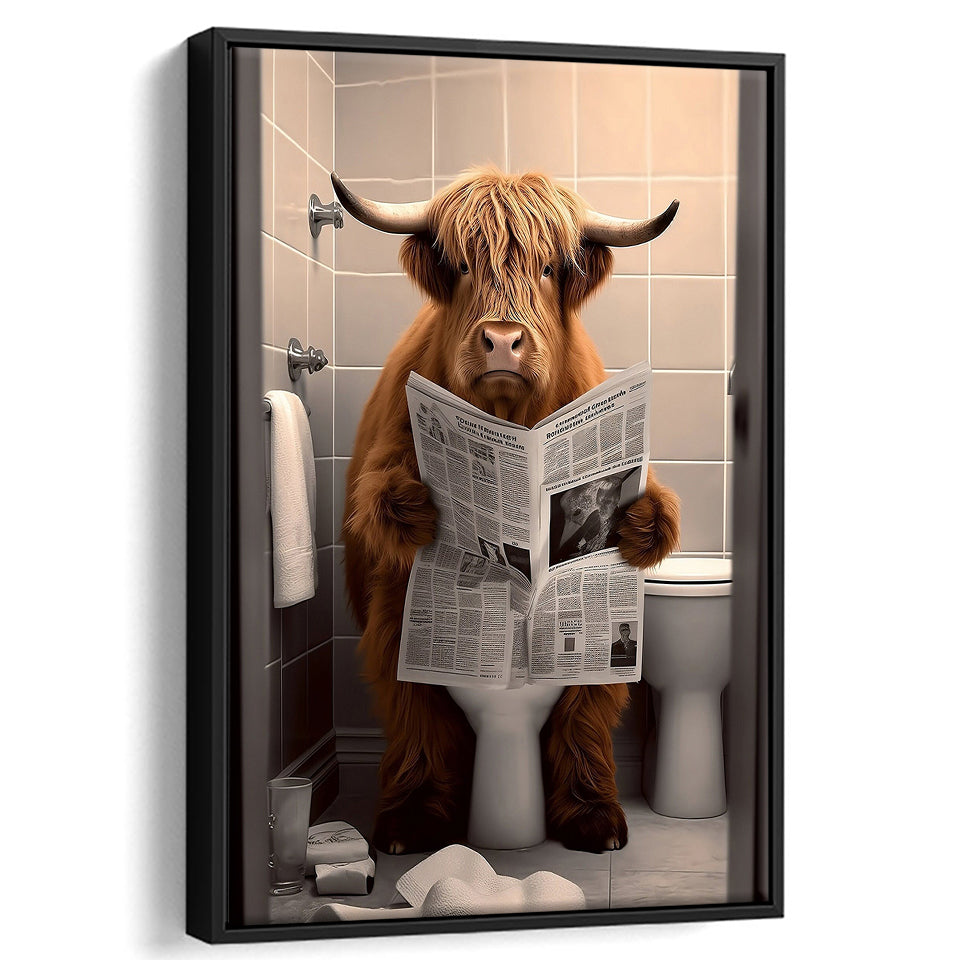 Scottish Highland Cow In Bathroom Decor Framed Canvas Prints Wall Art, Bathroom Humor, Funny Bathroom Print