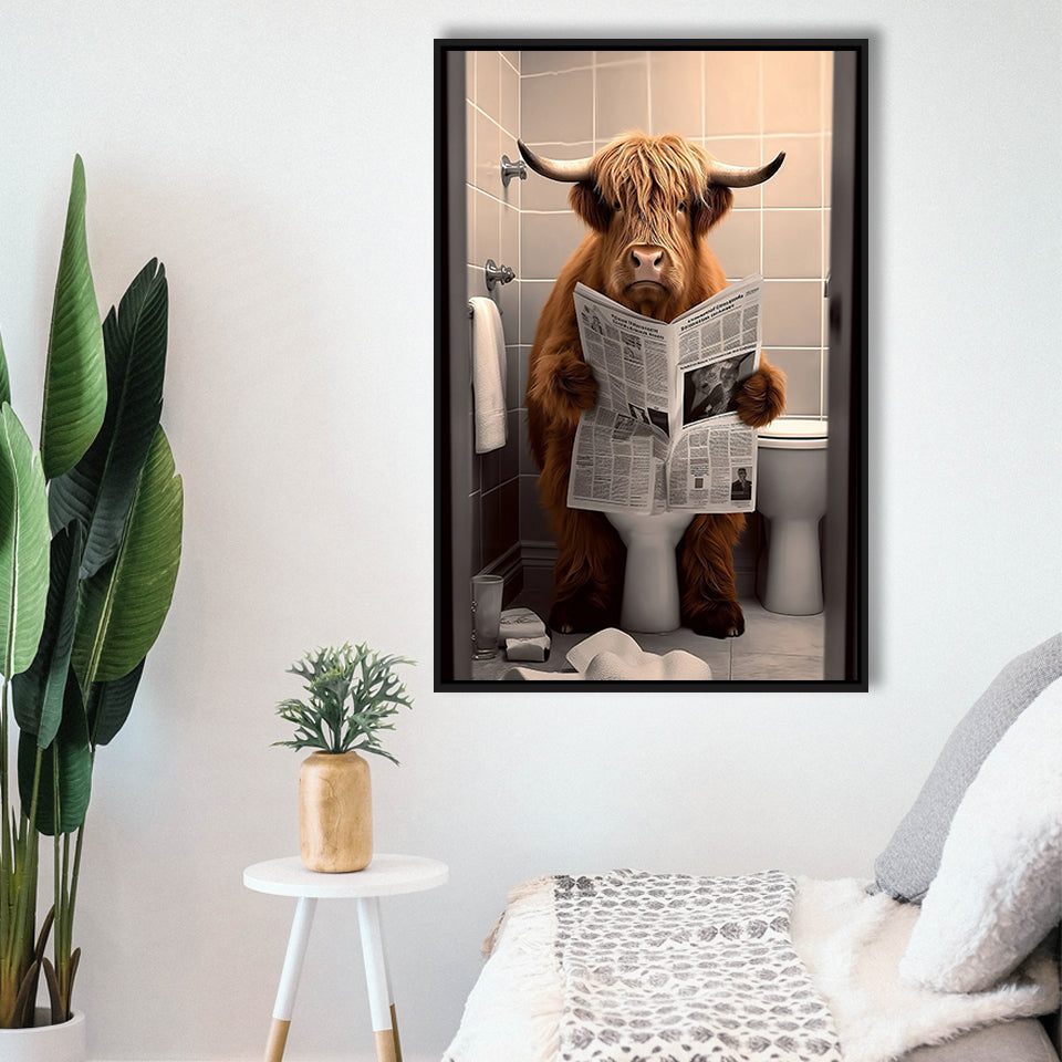 Scottish Highland Cow In Bathroom Decor Framed Canvas Prints Wall Art, Bathroom Humor, Funny Bathroom Print