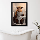 Scottish Highland Cow In Bathroom Decor Framed Canvas Prints Wall Art, Bathroom Humor, Funny Bathroom Print