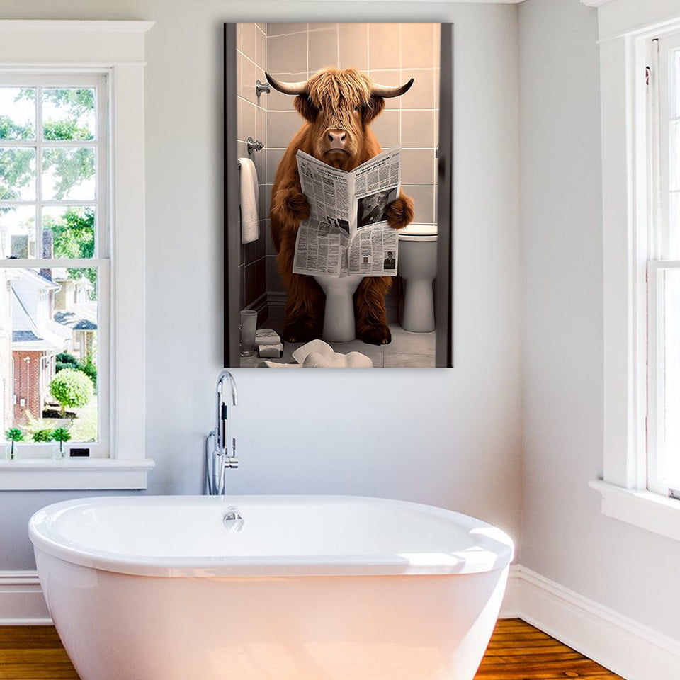 Scottish Highland Cow in Bathroom Decor Canvas Prints Wall Art, Bathroom Humor, Funny Bathroom Print