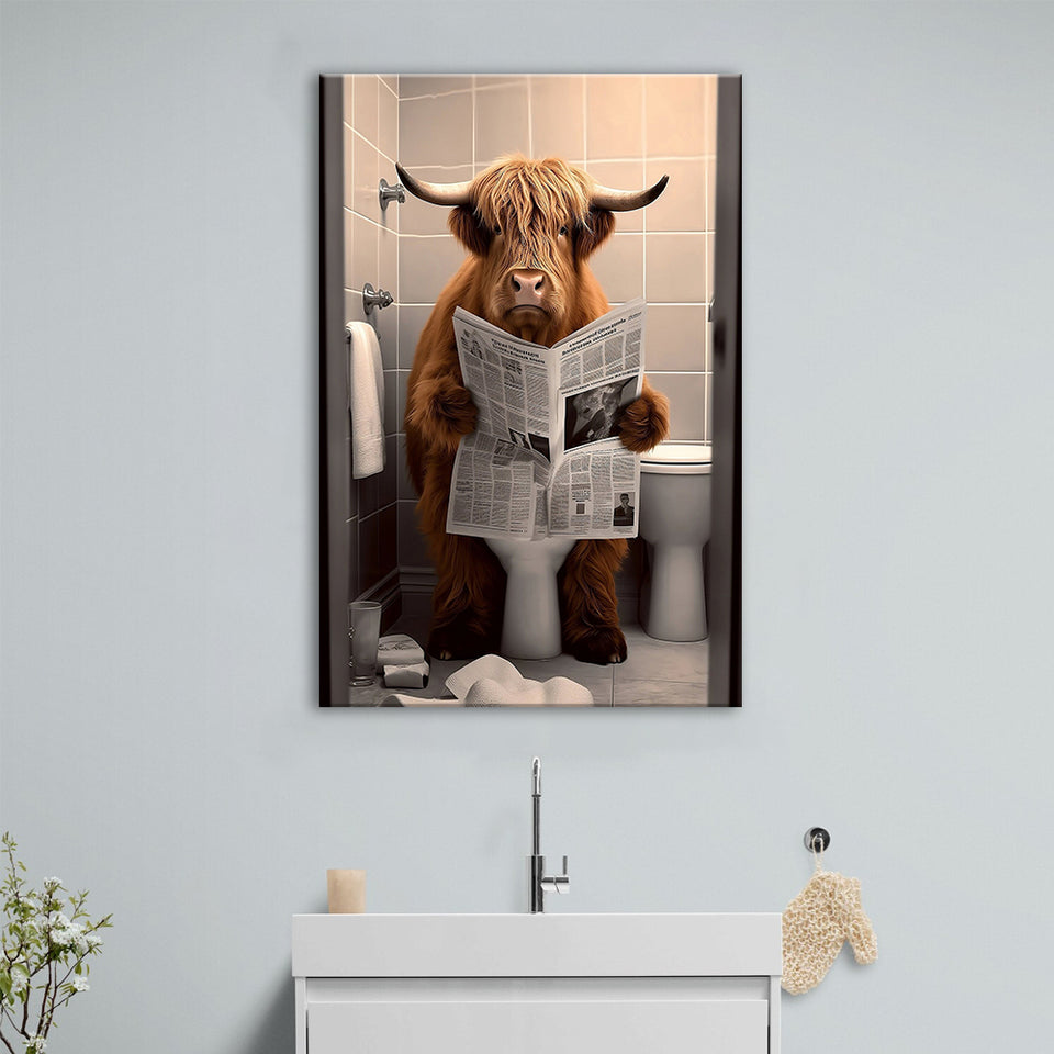 Scottish Highland Cow in Bathroom Decor Canvas Prints Wall Art, Bathroom Humor, Funny Bathroom Print