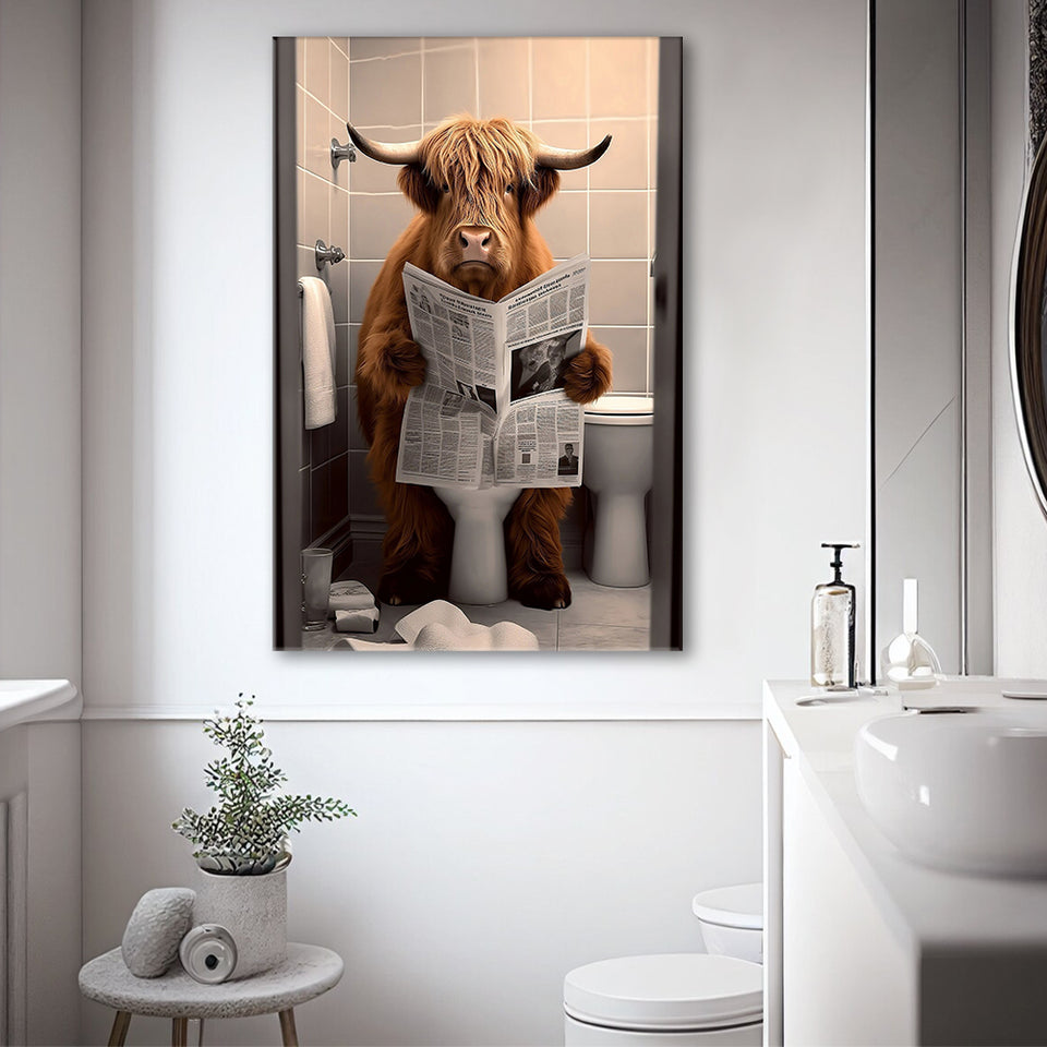 Scottish Highland Cow in Bathroom Decor Canvas Prints Wall Art, Bathroom Humor, Funny Bathroom Print