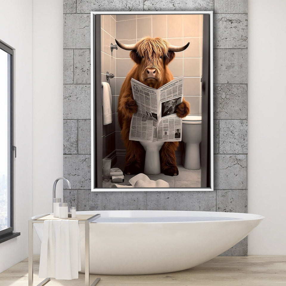Scottish Highland Cow In Bathroom Decor Framed Canvas Prints Wall Art, Bathroom Humor, Funny Bathroom Print