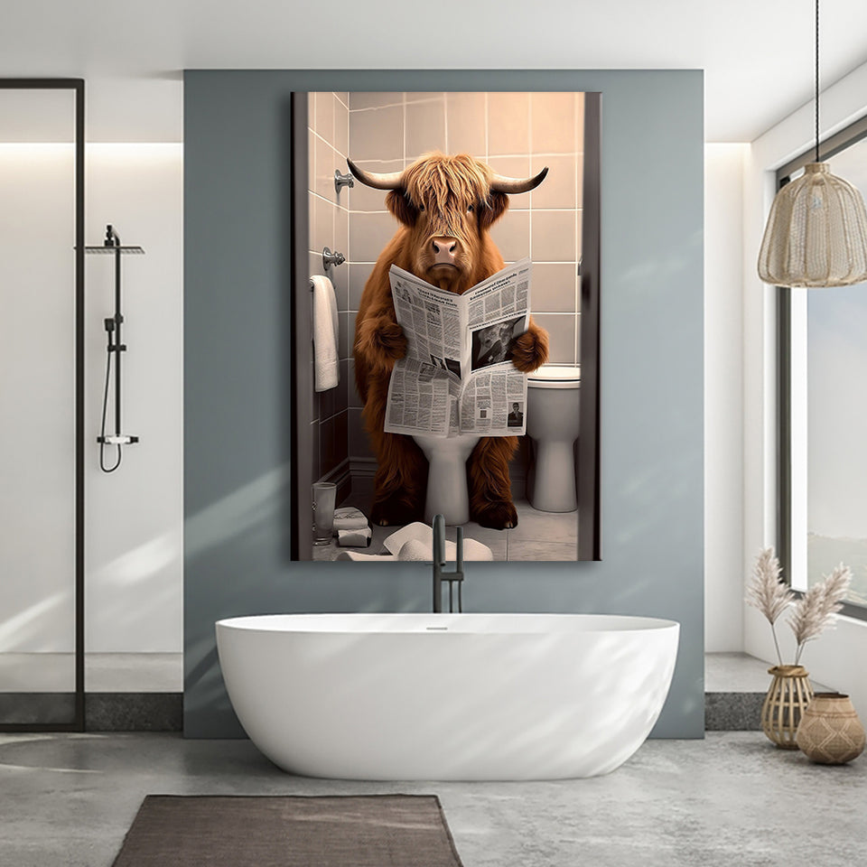 Scottish Highland Cow in Bathroom Decor Canvas Prints Wall Art, Bathroom Humor, Funny Bathroom Print