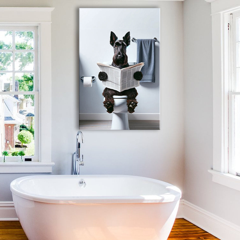Scottish Terrier Art Canvas Prints Wall Art, Funny Bathroom Decor, Dog in Toilet