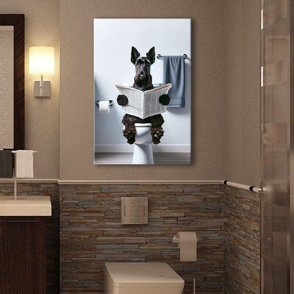Scottish Terrier Art Canvas Prints Wall Art, Funny Bathroom Decor, Dog in Toilet