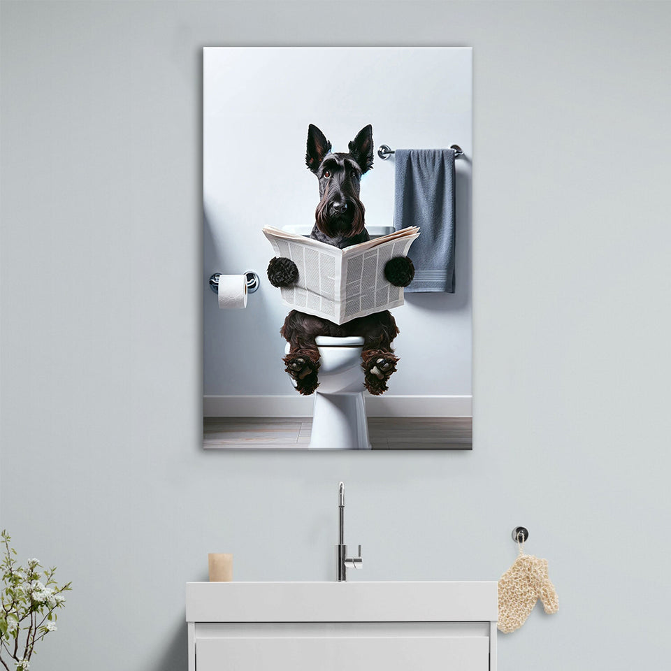 Scottish Terrier Art Canvas Prints Wall Art, Funny Bathroom Decor, Dog in Toilet