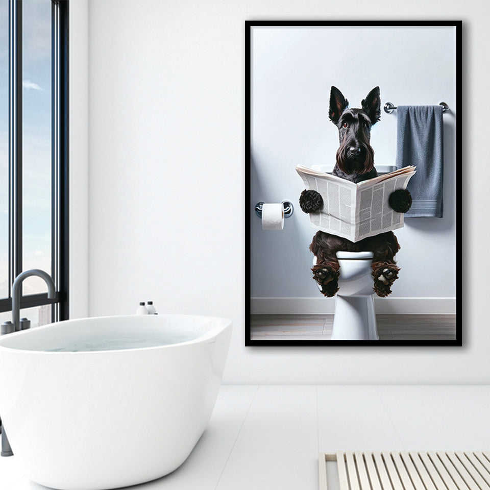 Scottish Terrier Art Framed Art Print Wall Decor, Funny Bathroom Decor, Dog In Toilet