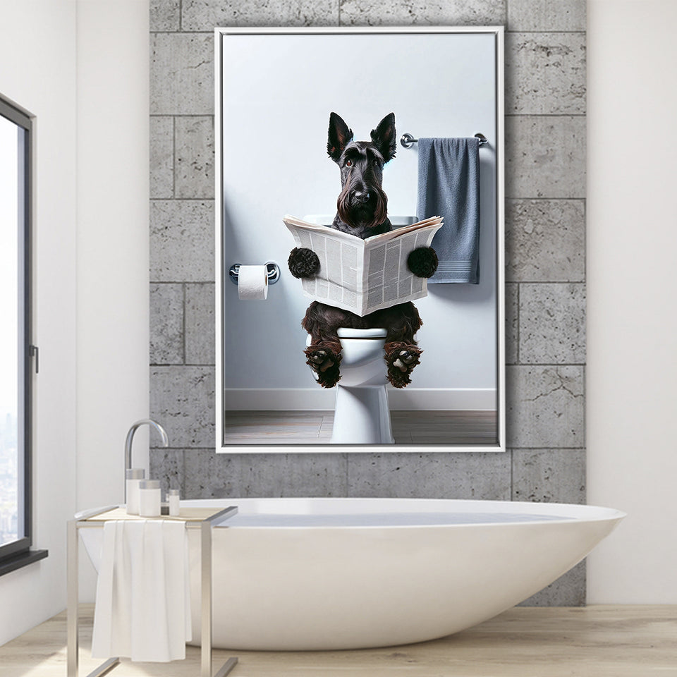 Scottish Terrier Art Framed Canvas Prints Wall Art, Funny Bathroom Decor, Dog In Toilet