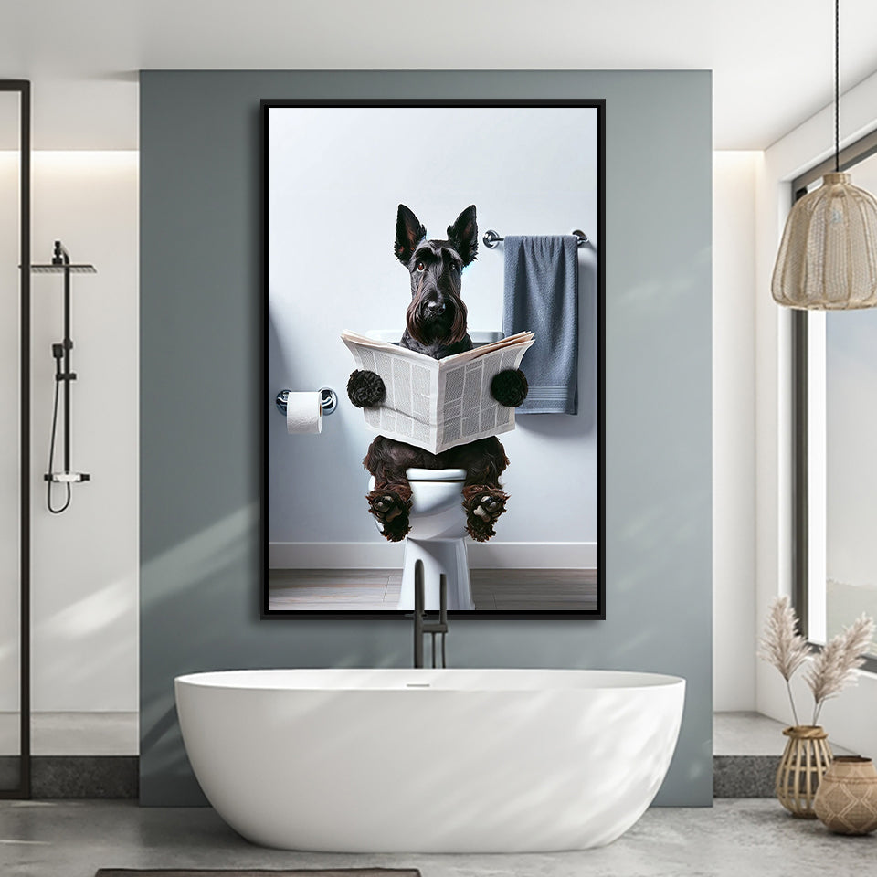 Scottish Terrier Art Framed Canvas Prints Wall Art, Funny Bathroom Decor, Dog In Toilet