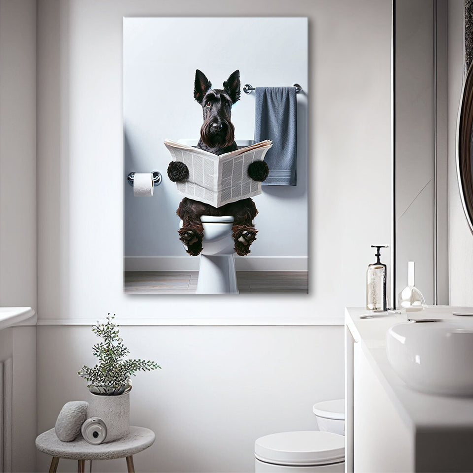 Scottish Terrier Art Canvas Prints Wall Art, Funny Bathroom Decor, Dog in Toilet