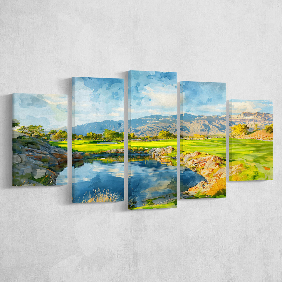 Shadow Creek Golf Club Hole 18 Painting, Golf Art Print, Mixed 5 Panel, Canvas Prints Wall Art