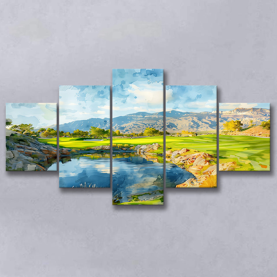 Shadow Creek Golf Club Hole 18 Painting, Golf Art Print, Mixed 5 Panel, Canvas Prints Wall Art