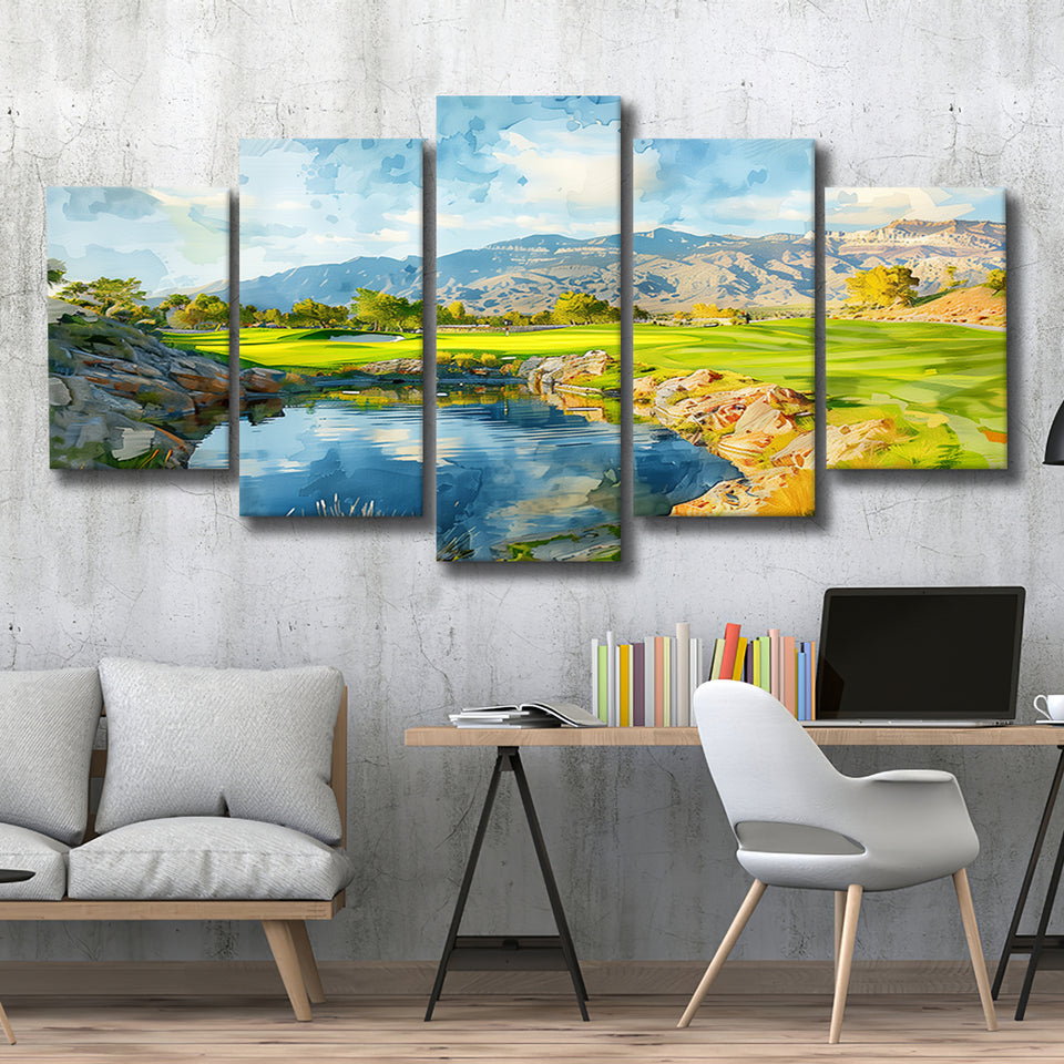 Shadow Creek Golf Club Hole 18 Painting, Golf Art Print, Mixed 5 Panel, Canvas Prints Wall Art