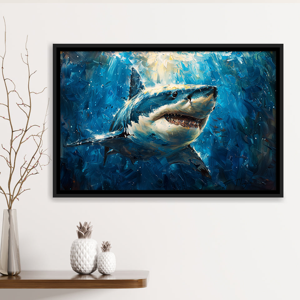 Shark In The Sea Ocean Acrylic Painting, Floating Frame, Framed Canvas Print Wall Art Home Decor