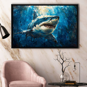 Shark In The Sea Ocean Acrylic Painting, Floating Frame, Framed Canvas Print Wall Art Home Decor