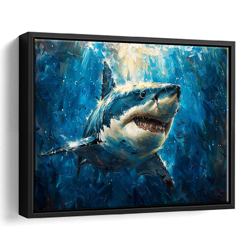 Shark In The Sea Ocean Acrylic Painting, Floating Frame, Framed Canvas Print Wall Art Home Decor