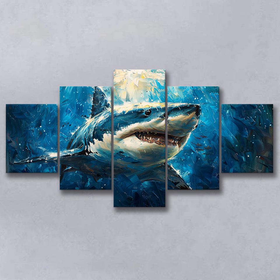 Shark In The Sea Ocean Acrylic Painting, Multi Panel,Mixed Canvas Print Wall Art Decor