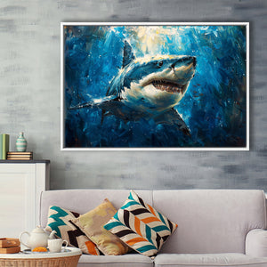 Shark In The Sea Ocean Acrylic Painting, Floating Frame, Framed Canvas Print Wall Art Home Decor