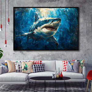 Shark In The Sea Ocean Acrylic Painting, Floating Frame, Framed Canvas Print Wall Art Home Decor