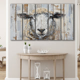 Sheep Painted On Wood Background Rustic Art, Extra Large Multi 5 Panel Canvas Print Wall Art Decor