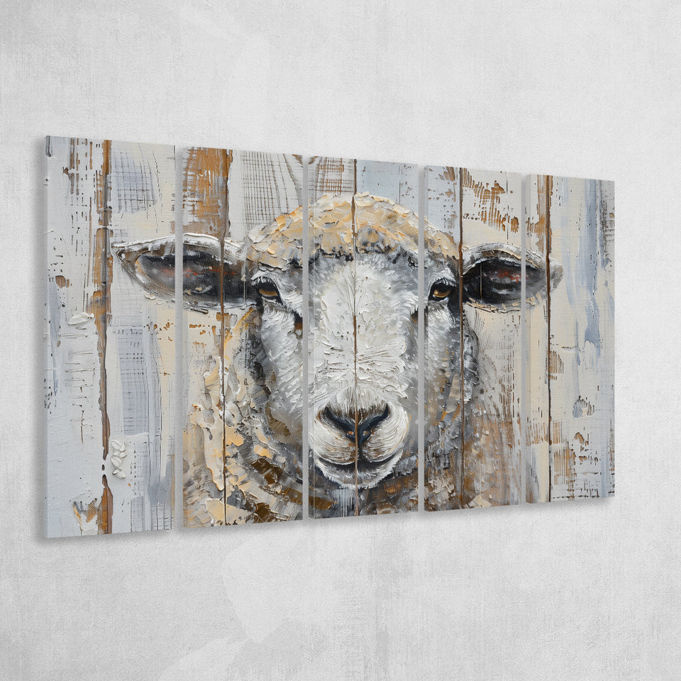 Sheep Painted On Wood Background Rustic Art, Extra Large Multi 5 Panel Canvas Print Wall Art Decor
