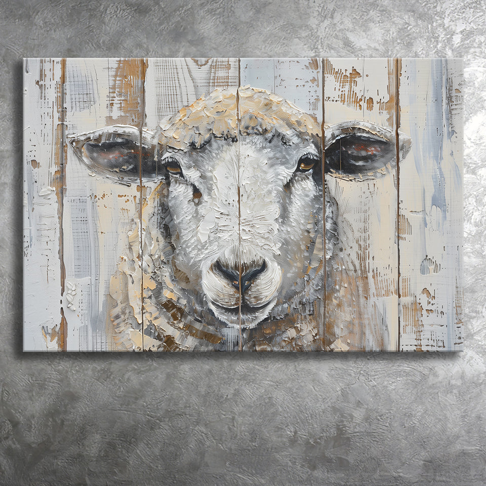 Sheep Painted On Wood Background Rustic Art, Canvas Print Wall Art Decor, Landscape Art Print