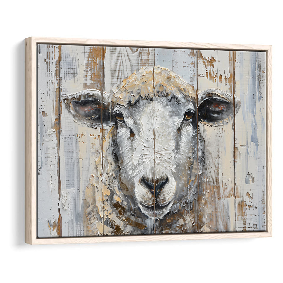 Sheep Painted On Wood Background Rustic Art, Framed Canvas Print Wall Art Decor,Floating Frame