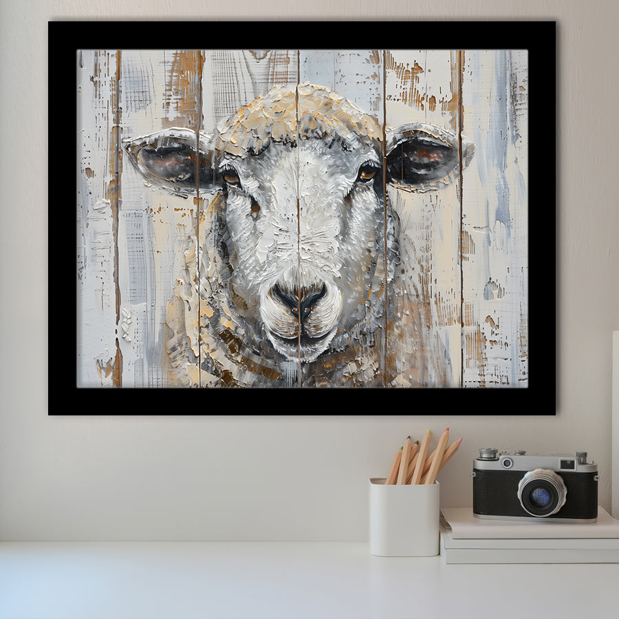 Sheep Painted On Wood Background Rustic Art, Framed Art Print Wall Decor, Framed Picture