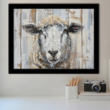Sheep Painted On Wood Background Rustic Art, Framed Art Print Wall Decor, Framed Picture