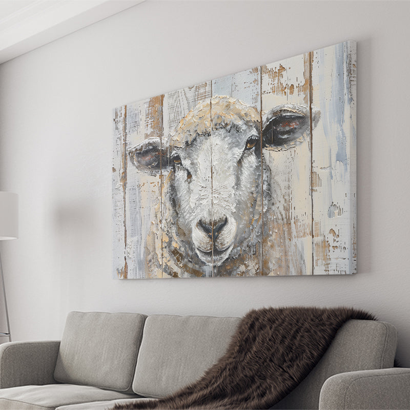 Sheep Painted On Wood Background Rustic Art, Canvas Print Wall Art Decor, Landscape Art Print