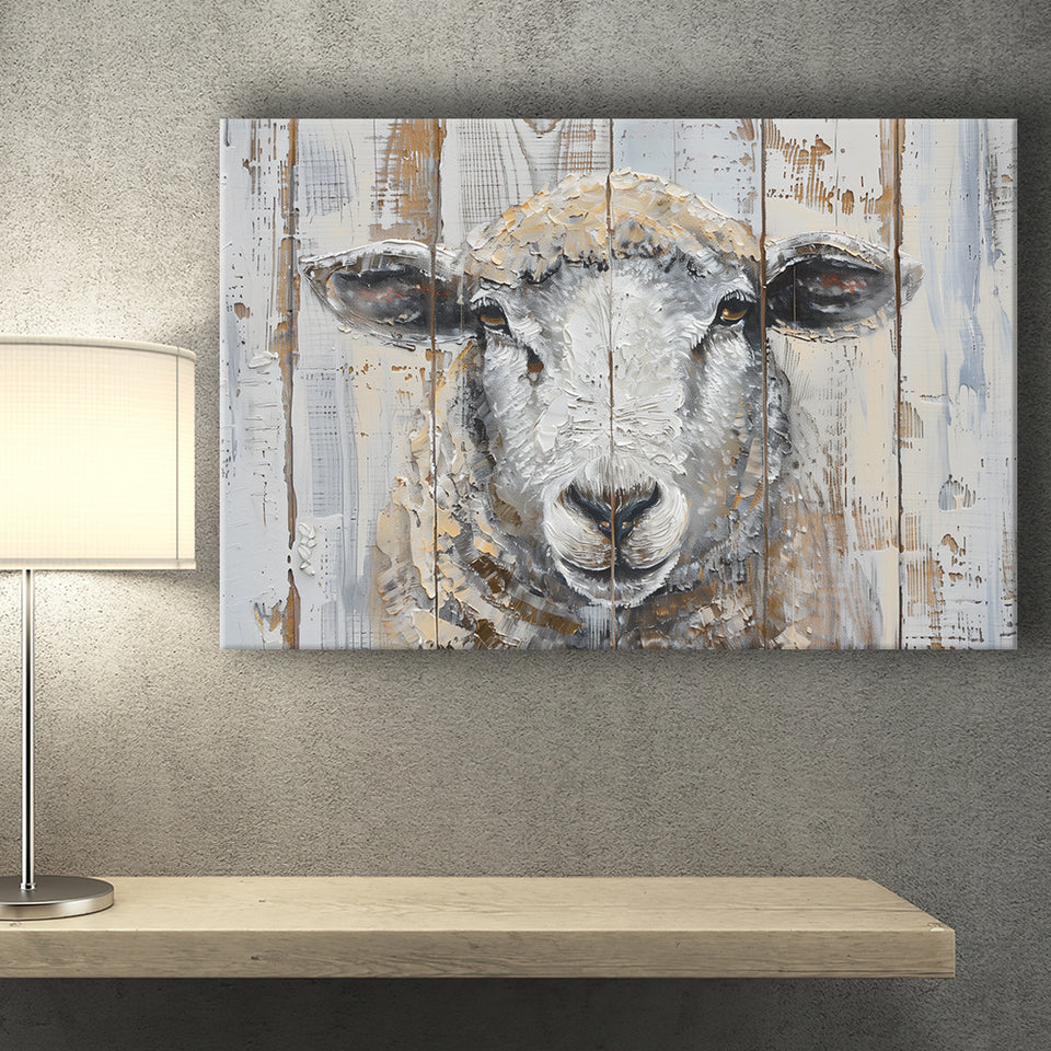 Sheep Painted On Wood Background Rustic Art, Canvas Print Wall Art Decor, Landscape Art Print