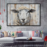 Sheep Painted On Wood Background Rustic Art, Framed Canvas Print Wall Art Decor,Floating Frame