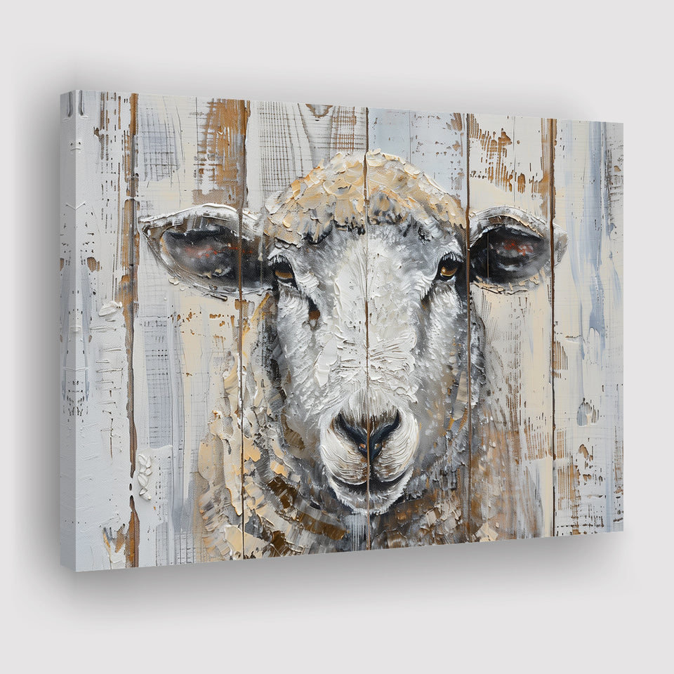 Sheep Painted On Wood Background Rustic Art, Canvas Print Wall Art Decor, Landscape Art Print