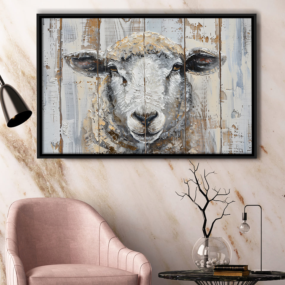 Sheep Painted On Wood Background Rustic Art, Framed Canvas Print Wall Art Decor,Floating Frame