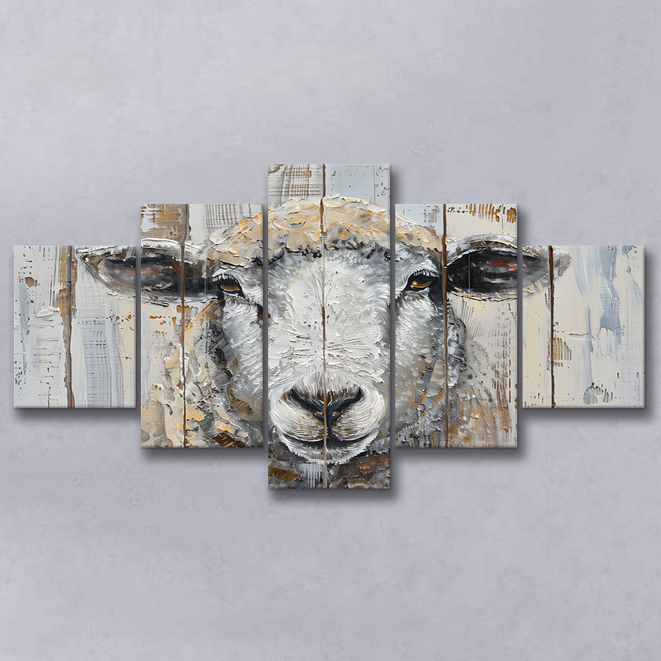 Sheep Painted On Wood Background Rustic Art, Multi Panel Canvas Print Wall Art Decor, 5 Mixed Panel