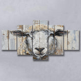 Sheep Painted On Wood Background Rustic Art, Multi Panel Canvas Print Wall Art Decor, 5 Mixed Panel