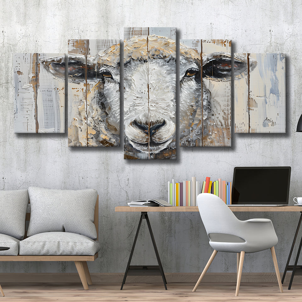 Sheep Painted On Wood Background Rustic Art, Multi Panel Canvas Print Wall Art Decor, 5 Mixed Panel